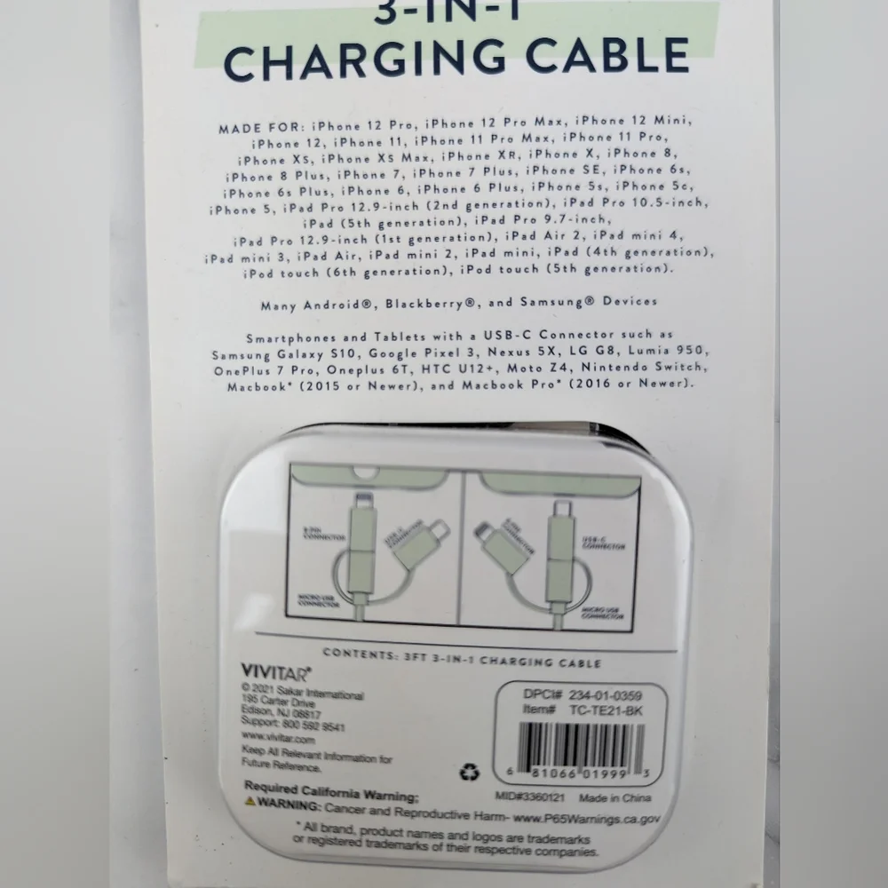 Vivitar Black 3 in 1 Charging Cable USB-C Micro USB 8 Pin Connector 3' Long